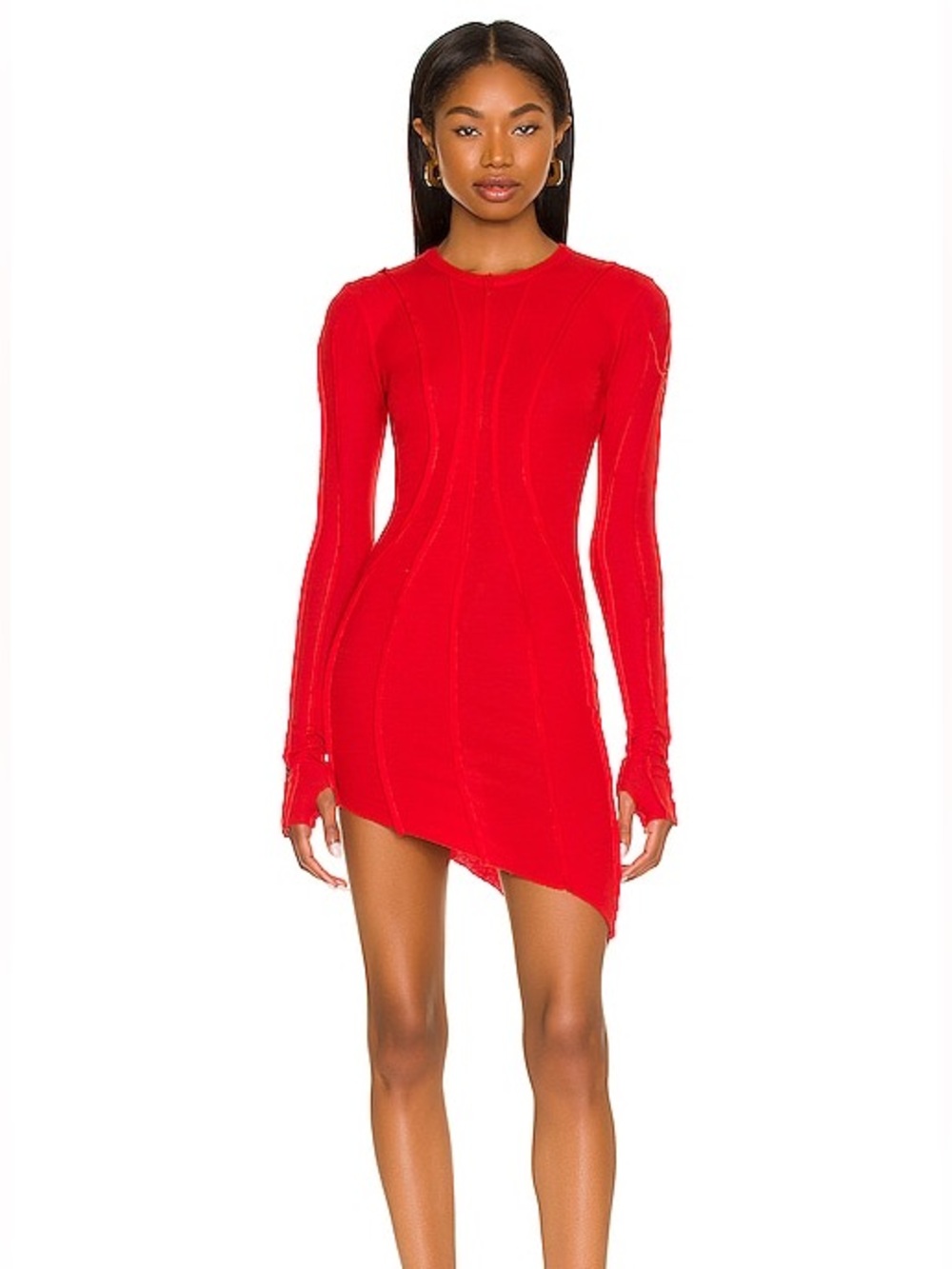 SAMI MIRO VINTAGE ASYMMETRIC LONG SLEEVE MINI DRESS IN RED RIB